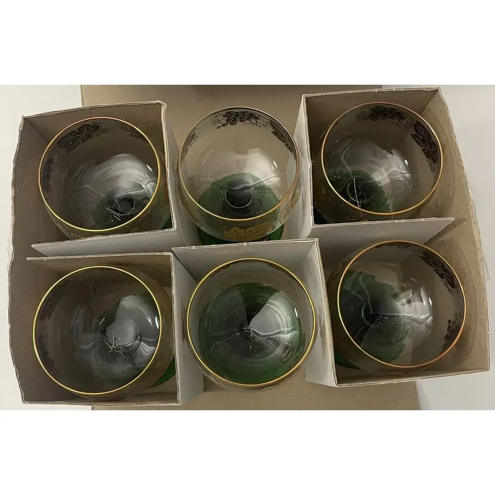 6 Vintage Bockling Roemer Wine Gobblets Green Beehive Stems Gold Grapes -NEW